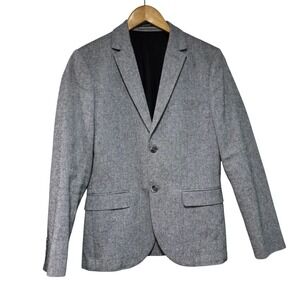 HM Mens Slim Fit Grey Textured Blazer Brown Elbow Patches 36R Sport Coat